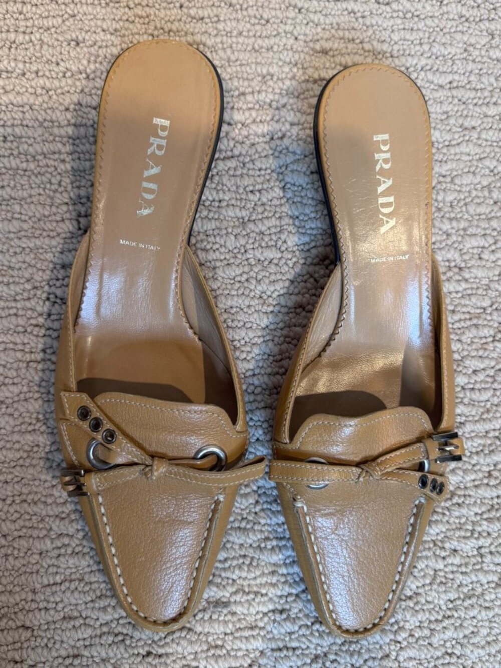 Prada | Leather Mule Kitten Heels | Beige/Brown | Size 6.5 (36.5)